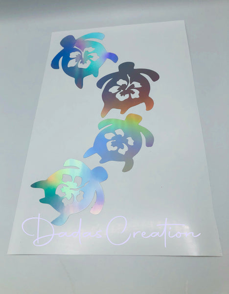 Sea Turtle Family with Hibiscus flowers HOLOGRAPHIC